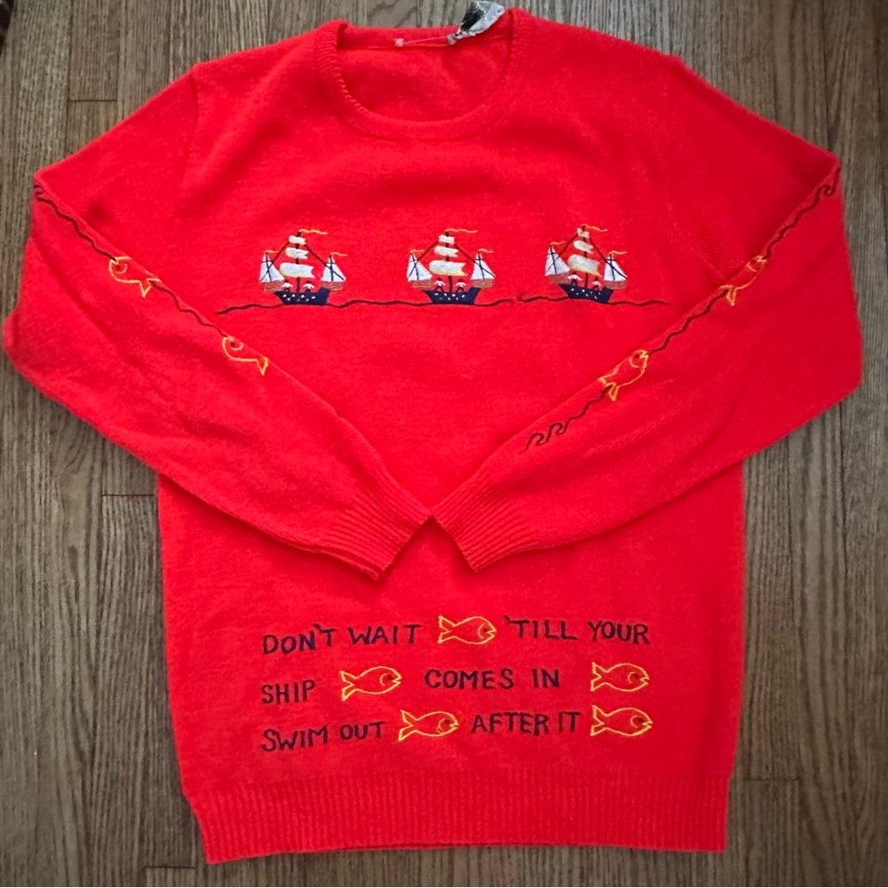 Unisex Nautical Themed Novelty Vintage Sweater Red